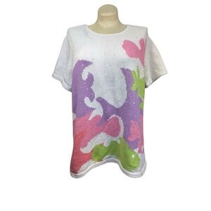 2x Quacker Factory Short‎ Sleeve Sweater White & Multicolor Design Sequins